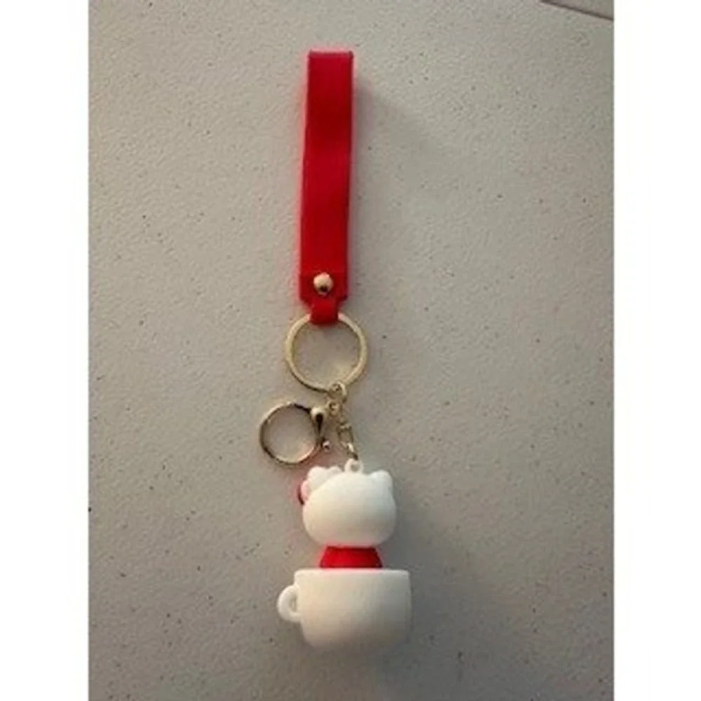 Sanrio Hello Kitty Teacup Keychain Red Wristlet Strap 3D Figure Bag Charm